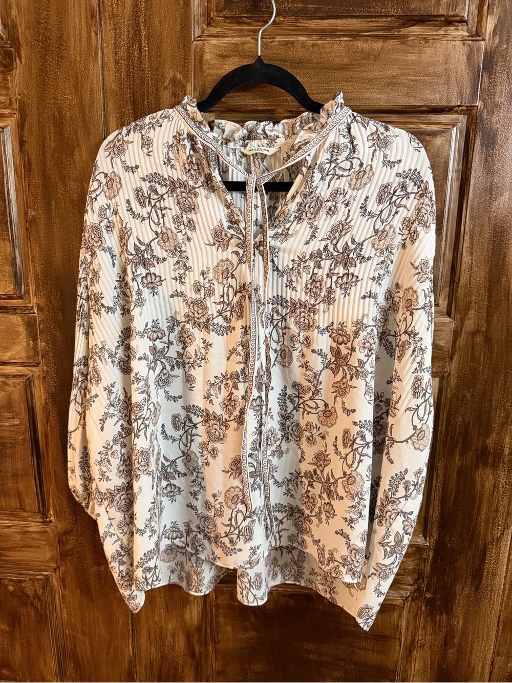 Women’s Floral Tie-Neck Blouse - Cream with Brown Print by Max Studio